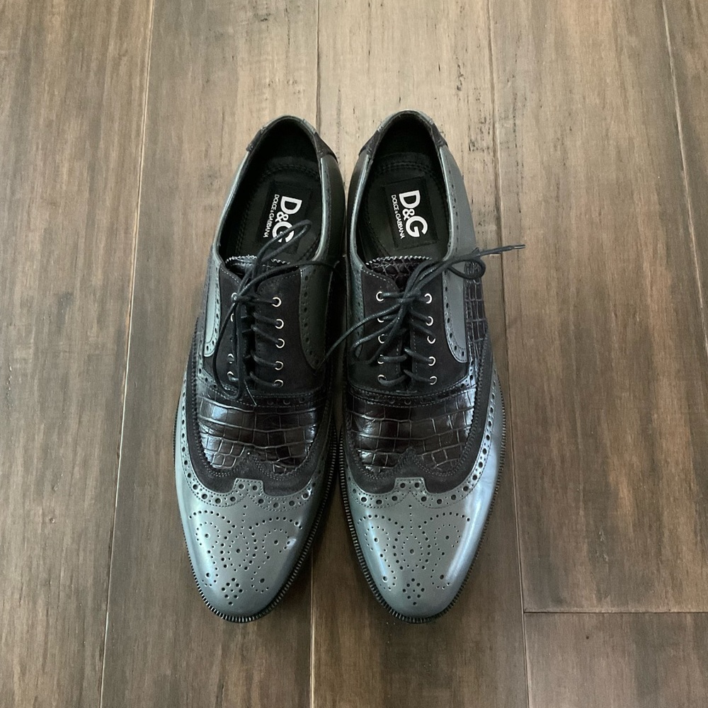 DOLCE & GABBANA Men Black Gray Wingtip Leather Dress Shoes Size 42.5 US 9.5